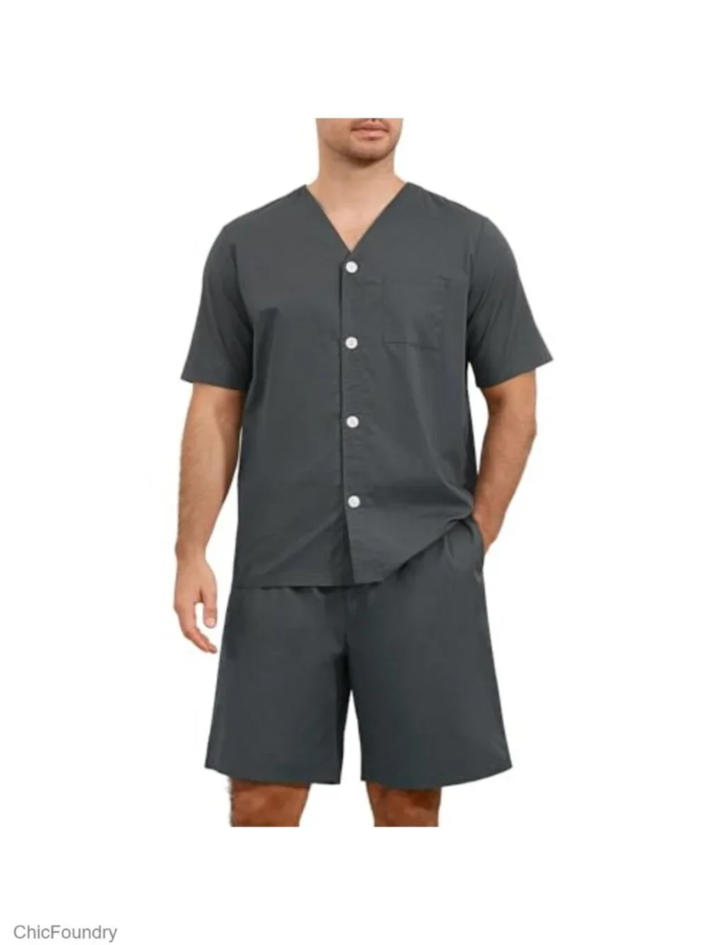 Men's 100% Cotton Pajama Set V-Neck Button Down Short Sleeve with Pocket Lounge